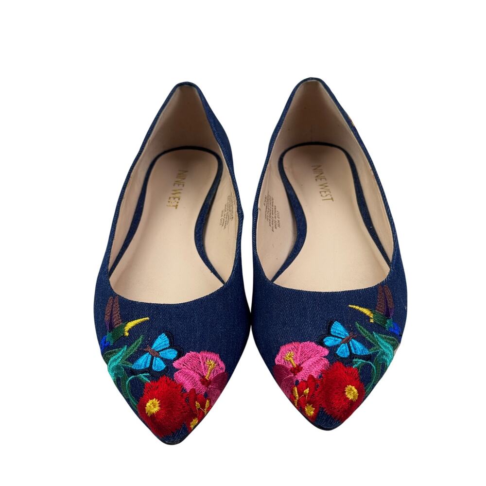 Nine West Obedience Denim Floral Embroidered Pointed Toe Flats Women's Size 6.5 - Picture 2 of 11